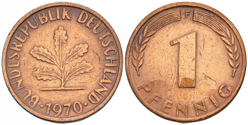 ФРГ 1 ПФЕННИГ 1970 F KM 105, J.380 сталь плакированная медью 4532-1263