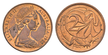 Австралия 2 цента 1983 Елизавета II (1952-2022), плащеносная ящерица KM 63 бронза aUNC 4580-1241