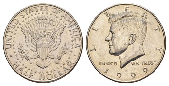 США 1/2 доллара (50 центов) 1999 D, Джон Кеннеди KM A202b медь плакированная медно-никелем aUNC 4512-1223