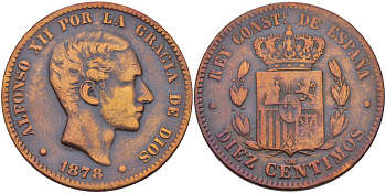 ИСПАНИЯ 10 СЕНТИМО 1878 ОМ, АЛЬФОНСО XII (1874-1885) KM 675 бронза 38-223