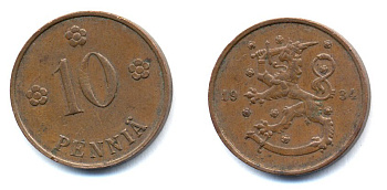 Финляндия 10 пенни 1934 республика (1918-1962) KM 24 медь 51-5352