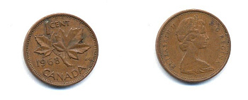 Канада 1 цент 1968 Елизавета II (1952-2022), кленовый лист KM 59.1 бронза 4379-817