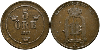 Швеция 5 эре 1882/1 Оскар II (1872-1907) король Швеции и Норвегии, 2 перерезана из 1 KM 736 бронза 36-352