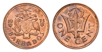 Барбадос 1 цент 1973 сломанный трезубец Британии KM 10 бронза UNC 4643-622