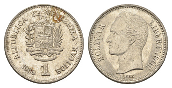 Венесуэла 1 боливар 1989 Симон Боливар, тонкий шрифт Y 52a.1 сталь плакированная никелем 4662-853