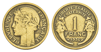 Франция 1 франк 1936 KM 885 алюминиевая бронза 4539-856