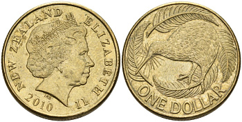 Новая Зеландия 1 доллар 2010 Елизавета II (1952-2022), птица киви  KM 120 алюминиевая бронза 61-837