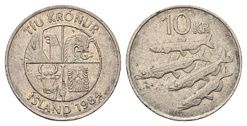 Исландия 10 крон 1984 рыбы KM 29.1 медно-никель 4582-337