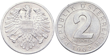 Австрия 2 гроша 1962 KM 2876 алюминий aUNC 4613-1152