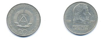 ГДР 20 марок 1972 А, Фридрих Шиллер (1759-1805) KM 40 медно-никель 3333-734