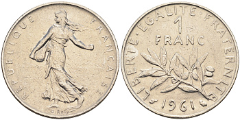 Франция 1 франк 1961 сеятель KM 925.1 никель    4177-235