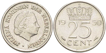 НИДЕРЛАНДЫ 25 ЦЕНТОВ 1950 ЮЛИАНА (1948-1980) KM 183 никель 214-913