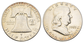 США 1/2 доллара (50 центов) 1953 Бенджамин Франклин, колокол KM 199 серебро 1531-1123