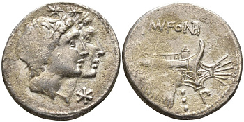 Римская Республика денарий 108 - 107 гг. до н.э. монетарий М. Фонтей, головы Диоскуров, X (обозначение номинала) / MN FONTEI P, галера, Рим, 3,87 гр Cr. 307/1d; Syd. 566 серебро 1073-9-21