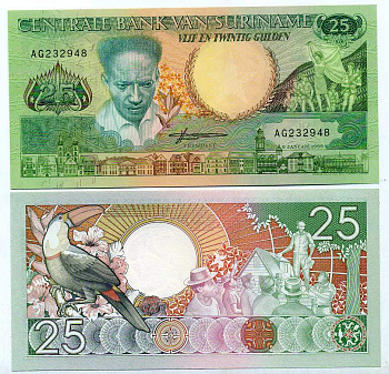 Суринам 25 гульденов 1988 Антон де Ком, тукан на ветке Pick 132 b бумага UNC (пресс) 445-57-2