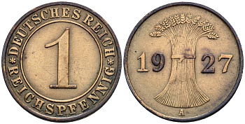 ГЕРМАНИЯ 1 РЕЙХСПФЕННИГ 1927 A KM 37, J. 313, Weege 2 бронза 4547-121