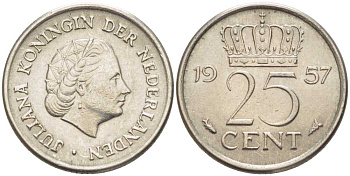 Нидерланды 25 центов 1957 Юлиана (1949-1980) KM 183 никель 214-925
