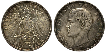 Бавария 3 марки 1912 Отто (1886-1913) Weege 45, J. 47, KM 515 серебро 3711-2042