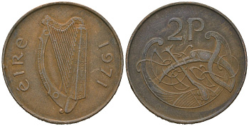 Ирландия 2 пенса 1971 виньетка в виде стилизованной птицы из второй библии Карла II лысого KM 21 бронза 4619-654