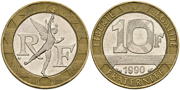 Франция 10 франков 1990 тип Гений Бастилии KM 964.1, Le Frank 375.5 биметалл 4135-1114