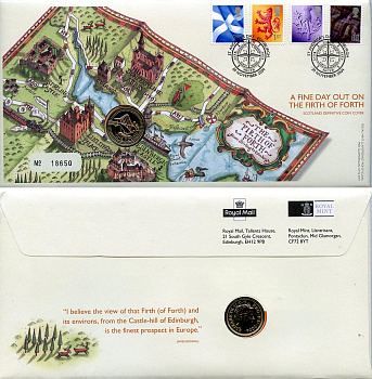 Великобритания 1 фунт 2004 Елизавета II (1952-2022), Мост Форт-Бридж в Шотландии, в оригинальном конверте, с марками, первый день гашения KM 1048, Spink J18 медно-никель BU 4-3-8-58