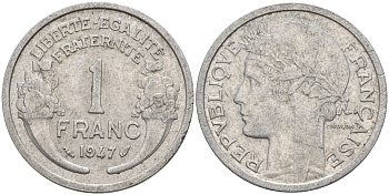 Франция 1 франк 1947 KM 885a.1 алюминий 4142-947
