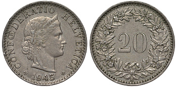 Швейцария 20 раппенов 1945 в KM 29а медно-никель 4128-725