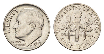 США 1 дайм (10 центов) 1968 D, Рузвельт KM 195a медь плакированная медно-никелем UNC 4684-153