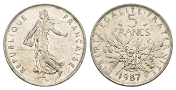 Франция 5 франков 1987 сеятель KM 926a медно-никель плакированный никелем 4385-921