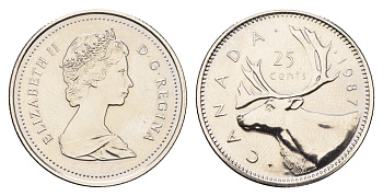 Канада 25 центов 1987 Елизавета II (1952-2022), олень KM 74 никель PROOF-LIKE (BU) 633-1612