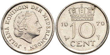Нидерланды 10 центов 1979 Юлиана (1949-1980) КМ 182 никель 4567-558