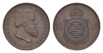 Бразилия 10 реалов (рейсов) 1869 Брюссель, Педро II (1831-1889) KM 473 бронза 1519-1412