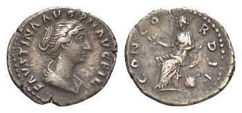 Римская Империя денарий 145-161 Фаустина Младшая, жена Марка Аврелия, FAVSTINA AVG PII AVG FIL, бюст императрицы/CONCORDIA, Конкордия на троне, держит цветок, Рим RIC 502a серебро 1073-4-64