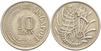 Сингапур 10 центов 1970 морской конек KM 3 медно-никель 4525-525
