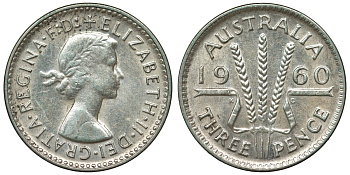 Австралия 3 пенса 1960 m, Елизавета II (1952-2022) KM 57 серебро 71-646