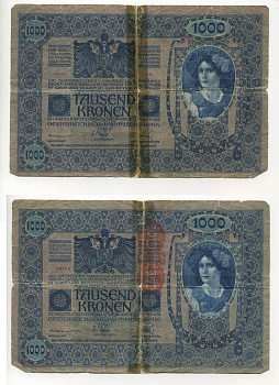 АВСТРИЯ 1000 КРОН 1919 КРАСНАЯ ВЕРТИКАЛЬНАЯ НАДПЕЧАТКА НА 1902 Pick 59 бумага 6301-17-2