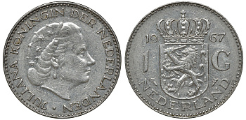 Нидерланды 1 гульден 1967 Юлиана (1948-1980) KM 184а никель 72-1734