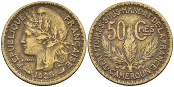 Французский Камерун 50 сантимов 1925 (а), монетный двор Париж KM 1 алюминиевая бронза 4164-1219