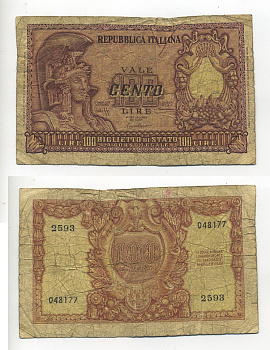Италия 100 лир 1951 Афина в шлеме, Bolaffi, Cavallaro Pick 92 a бумага 7217-80-3