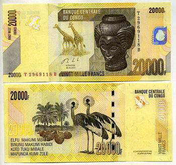 ДР Конго 20000 франков 2013 резная голова "Башилеле", жирафы, страусы Pick 104 b бумага UNC (пресс) 451-428-2
