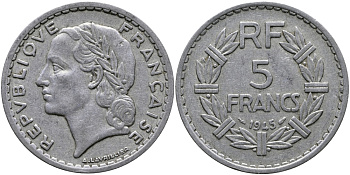 Франция 5 франков 1945 тип Лаврийе, Open 9 KM 888b.1, Le Franc 339.3 алюминий 221-232