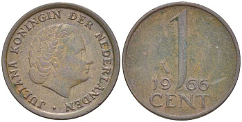 НИДЕРЛАНДЫ 1 ЦЕНТ 1966 ЮЛИАНА (1948-1980) KM 180 бронза 214-1032