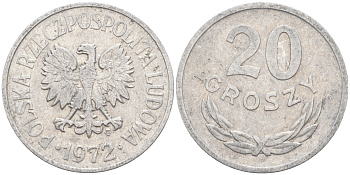 ПОЛЬША 20 ГРОШЕЙ 1972 MW KM А47 алюминий 106-444