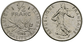 Франция 1/2 франка 1986 сеятель KM 931.1, Le Franc 198.25 никель 4138-243