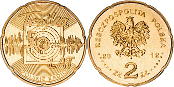 Польша 2 злотых 2012 MW, 50 лет радио "тройка" KM 816 нордик UNC 4513-854