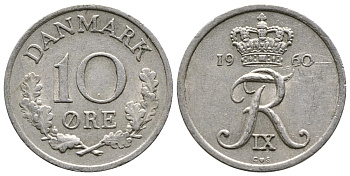ДАНИЯ 10 ЭРЕ 1958 C; S, ФРЕДЕРИК IX (1947-1972) КМ 849.1 медно-никель 26-856