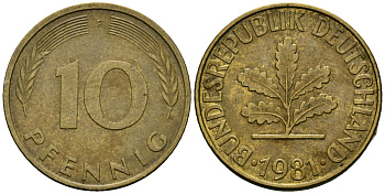 ФРГ 10 пфеннигов 1981 F KM 108 сталь плакированная латунью 4138-522