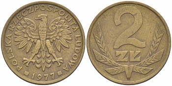 ПОЛЬША 2 ЗЛОТЫХ 1977 KM 80.1 латунь 73-659