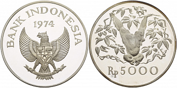 Индонезия 5000 рупий 1974 серия сохраним наш мир, орангутан (человекообразная обезьяна) KM 40а серебро PROOF 11-312-14