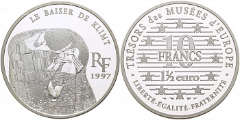 Франция 10 франков = 1 1/2 евро 1997 серия сокровища музеев Европы, “Поцелуй” Климта KM 1299 серебро PROOF 1068-4-61